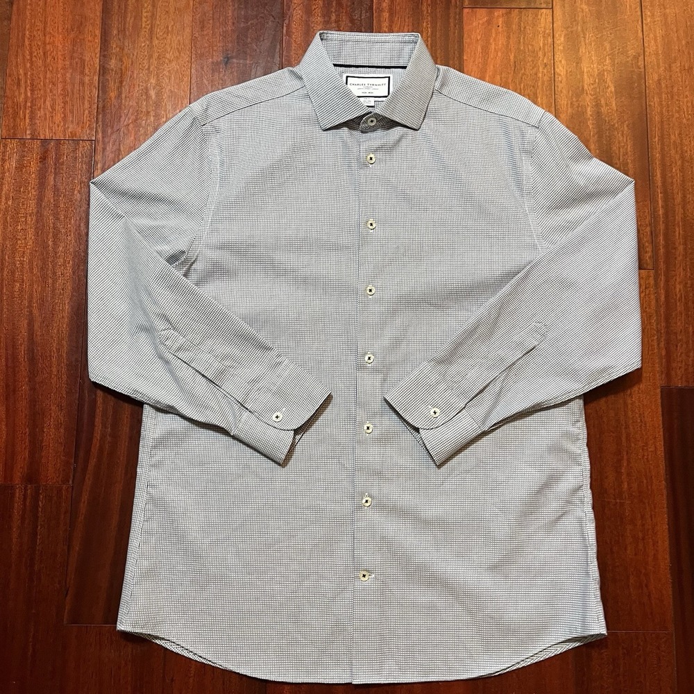 Charles Tyrwhitt Shirt Mens 16.5 33 Gray Micro Houndstooth Non Iron Slim Fit